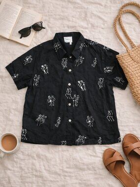 Vintage Country Wear Casuals Shirt L Dancing Figures Art Print Black